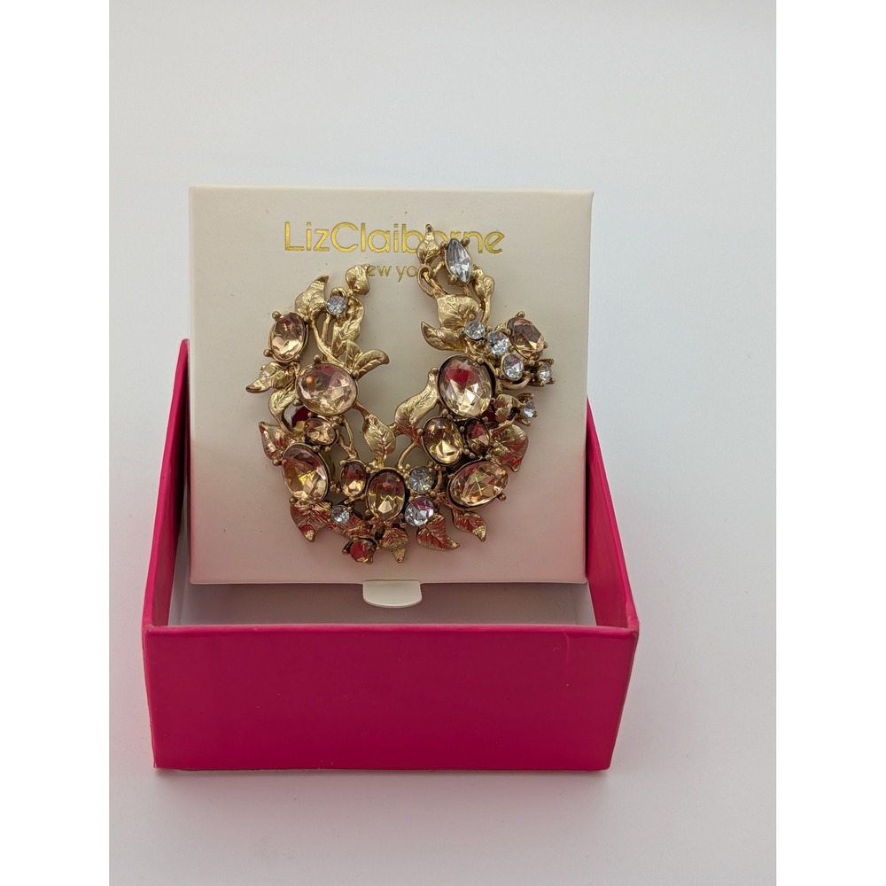 Liz Claiborne New York Gold Tone Floral Wreath Brooch Champagne Crystal JWRUY308